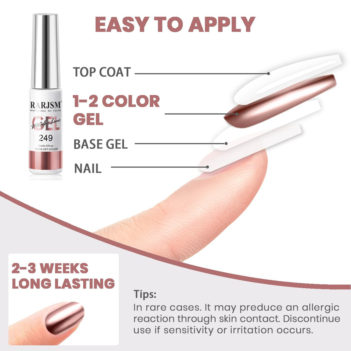 RARJSM Metallic Gel Liner Nail Art Rose Gold 3D Mirror Chrome Effect Gel Nail Polish 8ml Painting