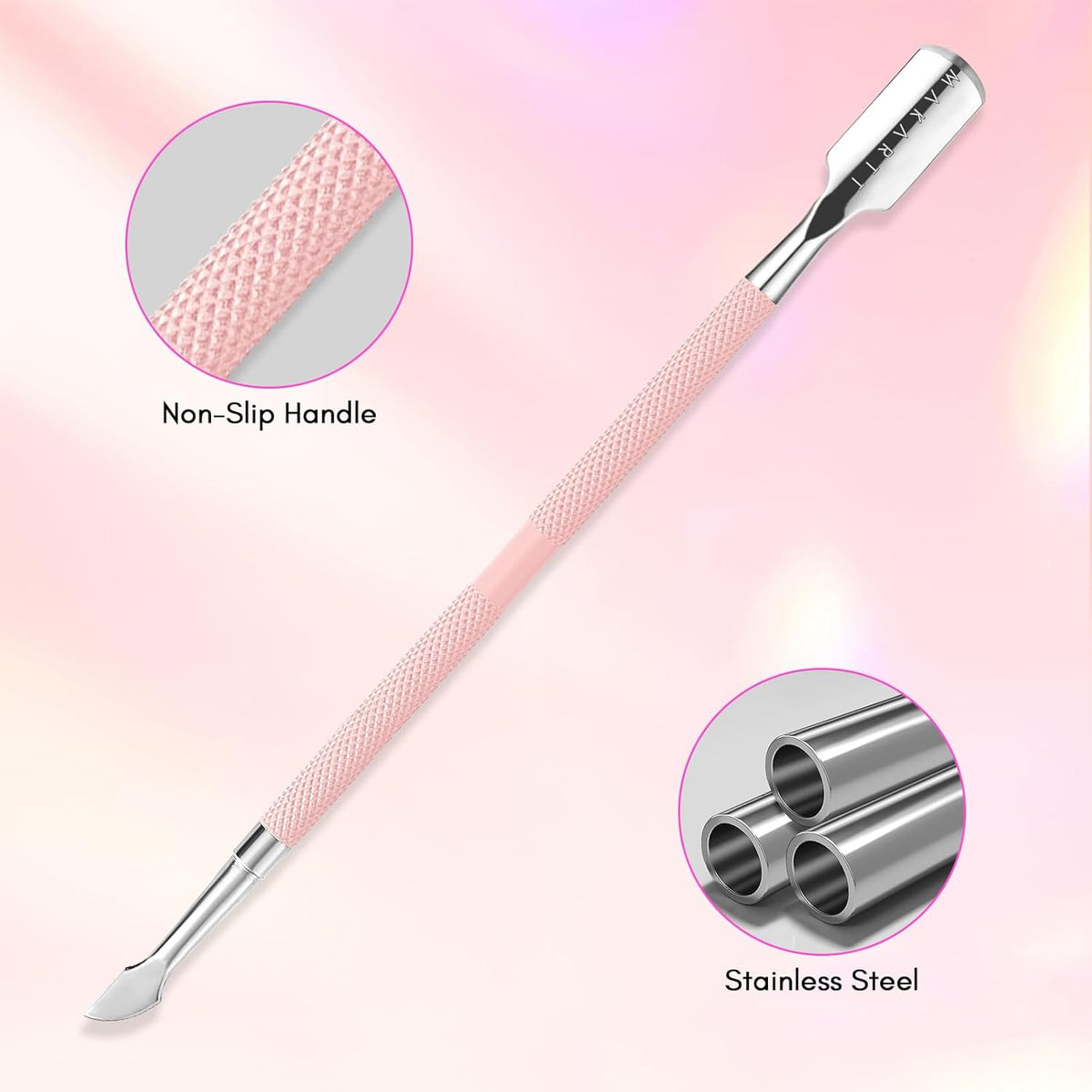 Makartt Cuticle Pusher, Pink Cuticle Remover, Professional Stainless Steel Nail Cleaner Dual Ended