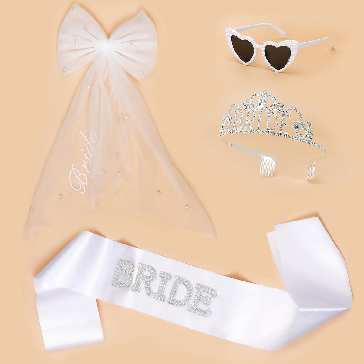 4 Pcs Bachelorette Party Decorations, BRIDE Crown,Pearl Bride Sash,White Bow Bride Veil,Bride