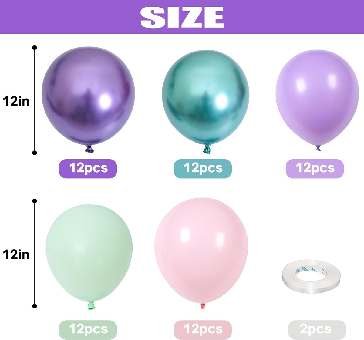 Togvu Mermaid Party Balloon Set, 60 Packs 12 Inches Metallic Purple Pink Green Blue Latex Balloons