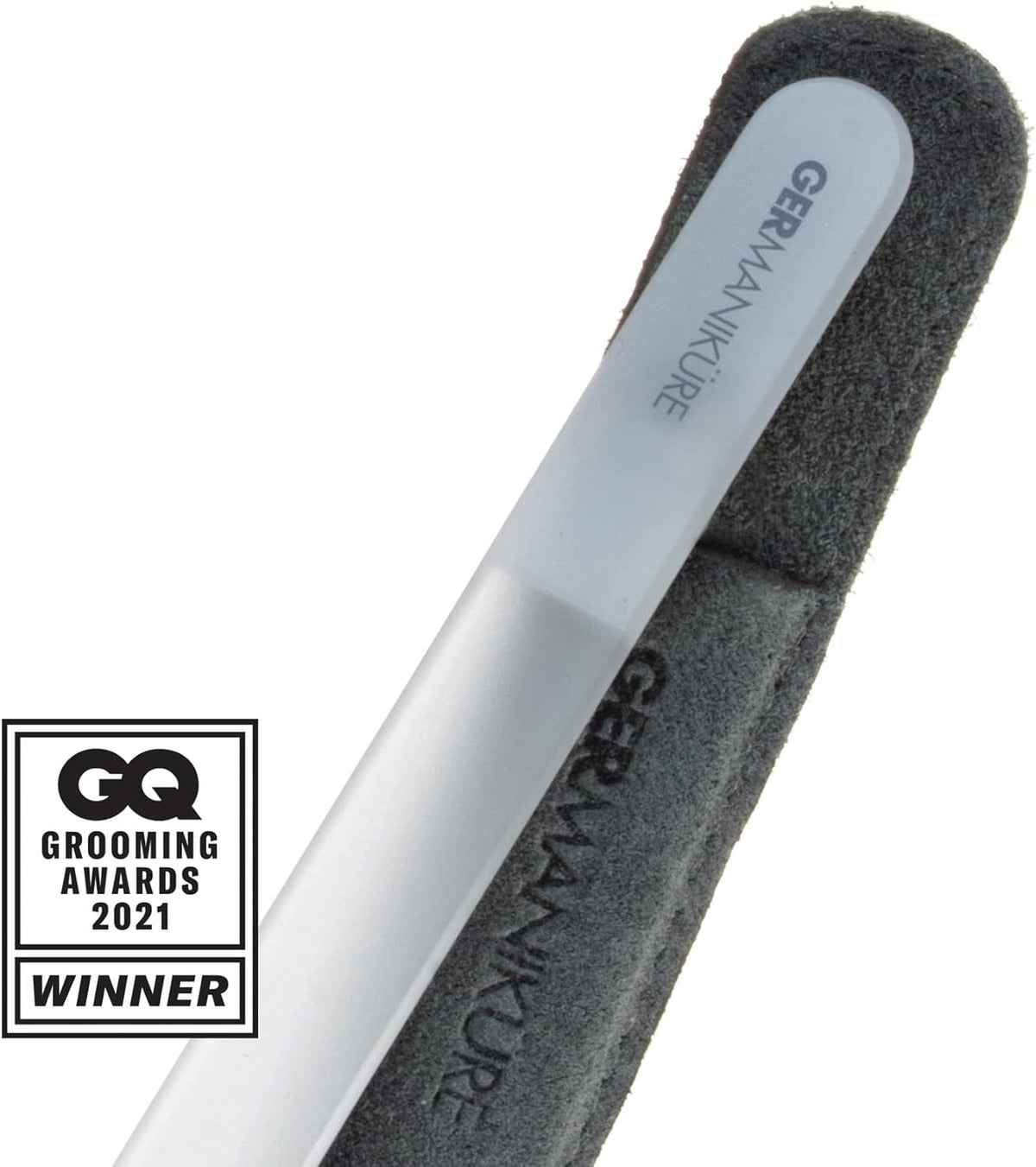 GERMANIKURE Gray Crystal Glass Nail File Set in Light Blue Leather Case – Handmade in Czech