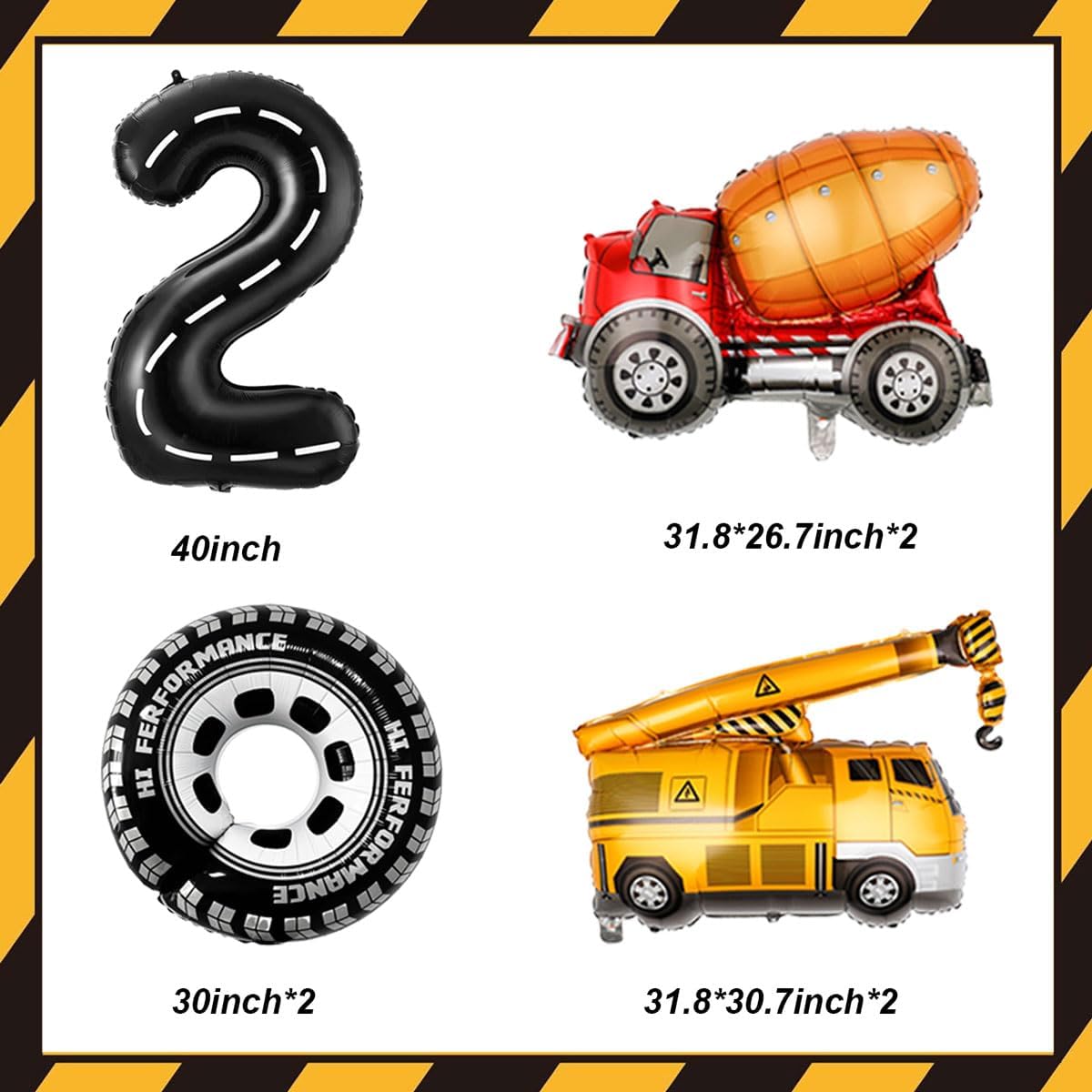 2nd Birthday Decorations for Boys Construction Balloons 40inch Number 2 Balloons Truck Foil Balloon