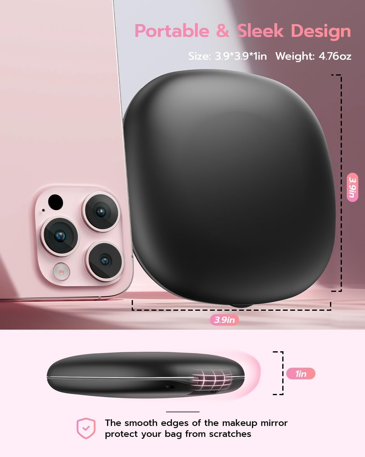 Benbilry 3.9" Rechargeable Compact Makeup Mirror with 3 Light Colors and Magnification 1X / 10X