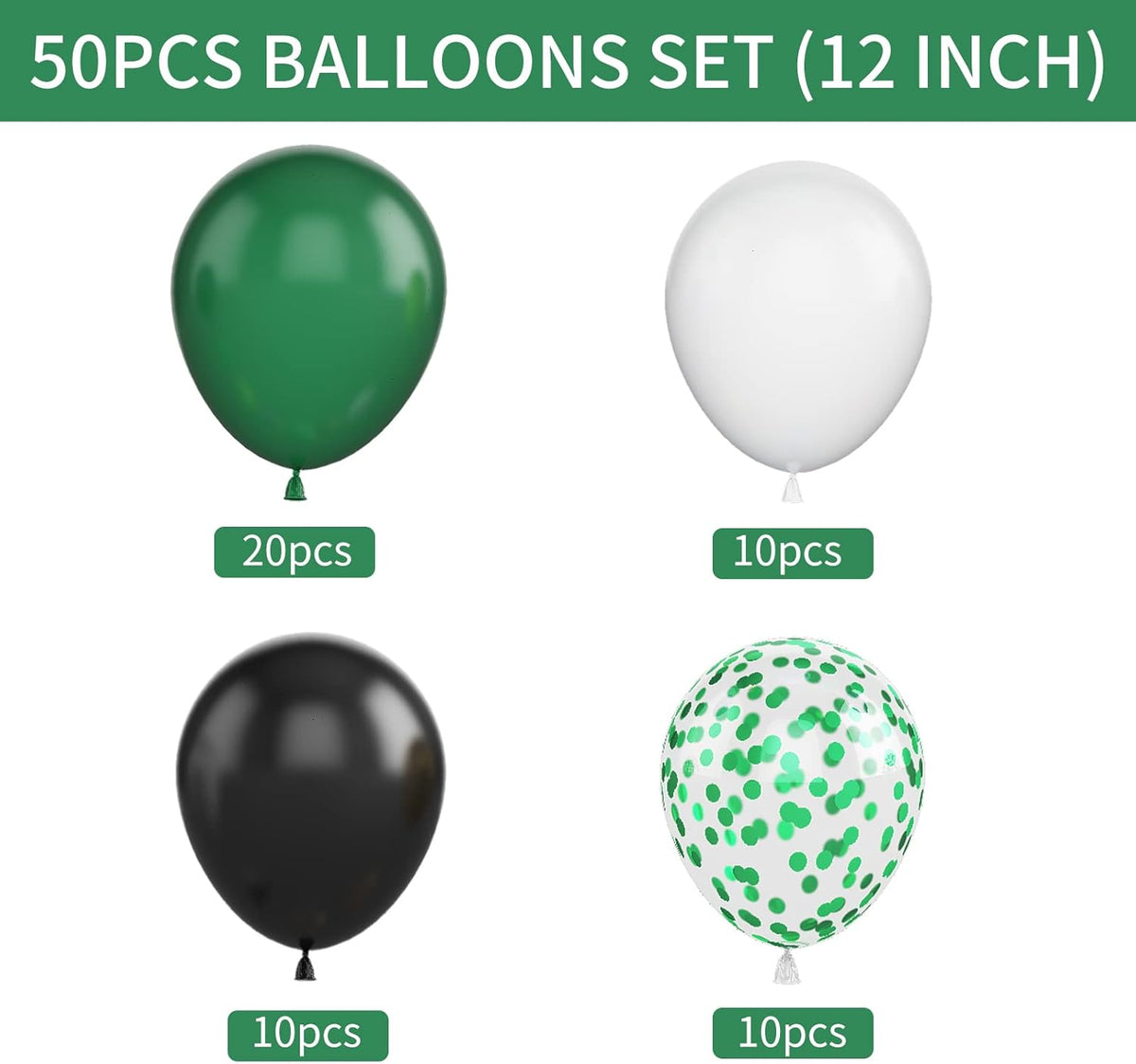 Green and Black Balloons, 50Pcs 12 Inch Green White Black Birthday Balloons, Green Confetti