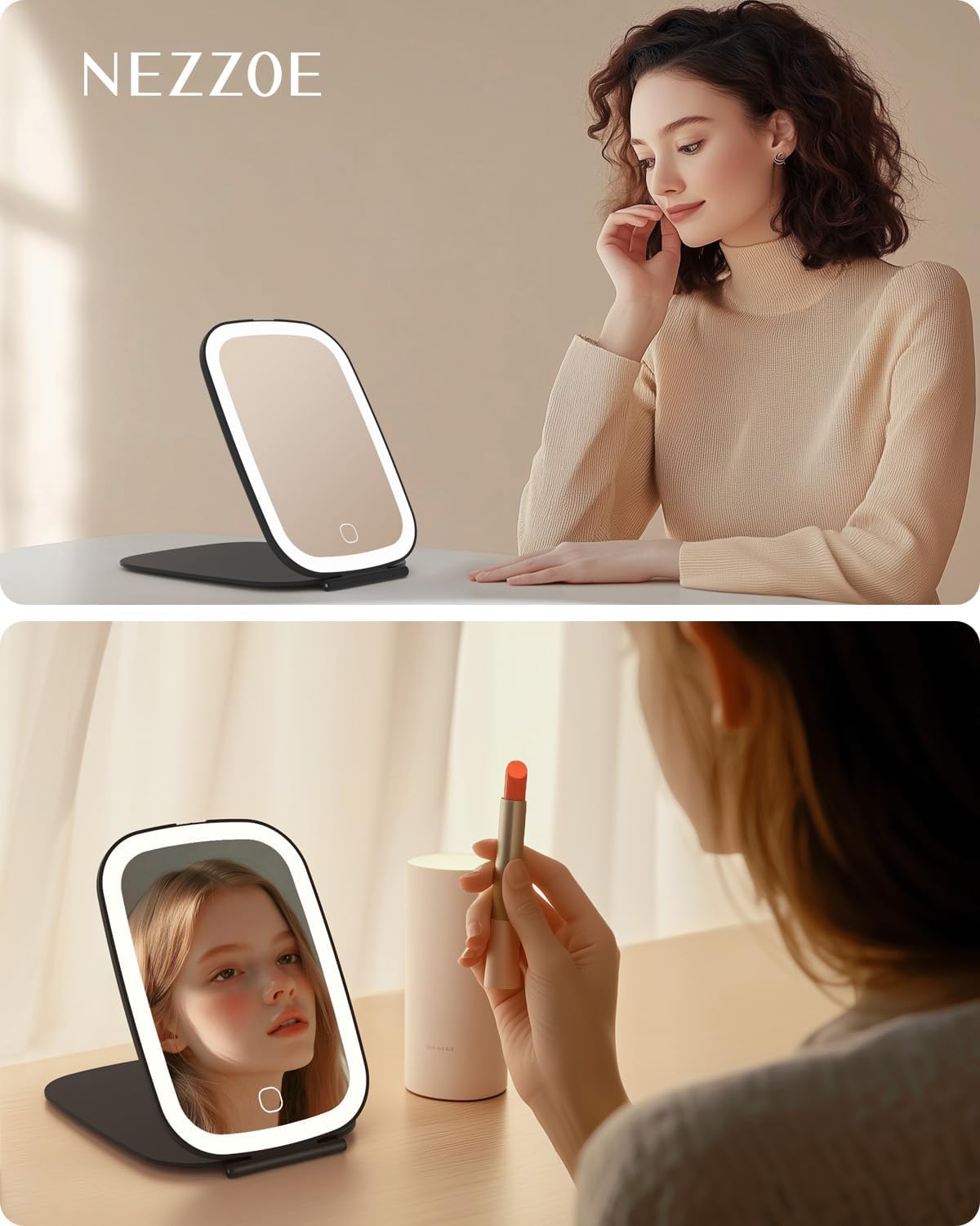 Rechargeable Travel Mirror with Light, Portable Mirror, 3 Color Light, 7.5 inch Ultra Thin and
