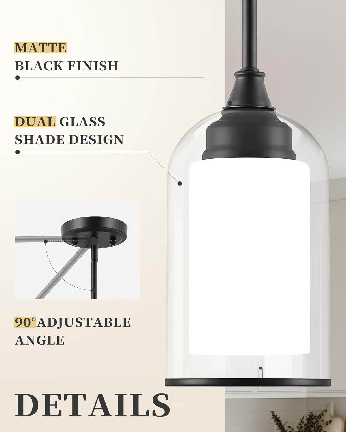 LIROUVET Black Pendant Light Fixtures - Dual Glass Hanging Light, 1-Light Pendant Lights with Clear