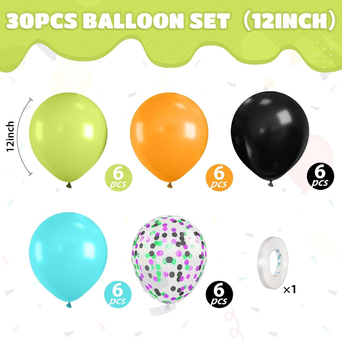 Green Orange Black Balloons, 12 Inch Fruit Green Orange Teal Black Confetti Latex Balloons for Boys
