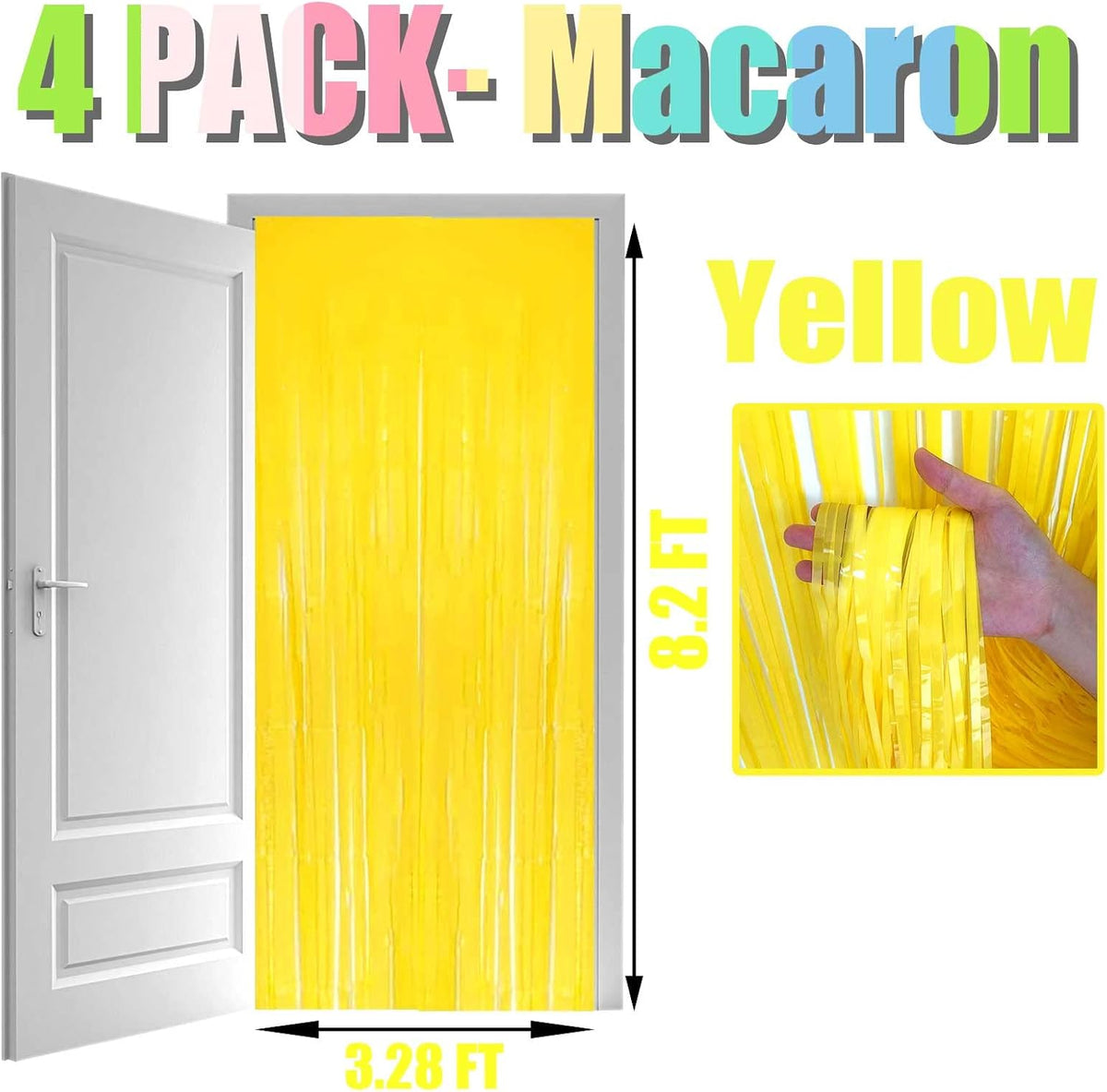 4 Pack Macaron Yellow Foil Fringe Curtain Backdrop, 3.28Ft x 8.2Ft Metallic Tinsel Foil Fringe