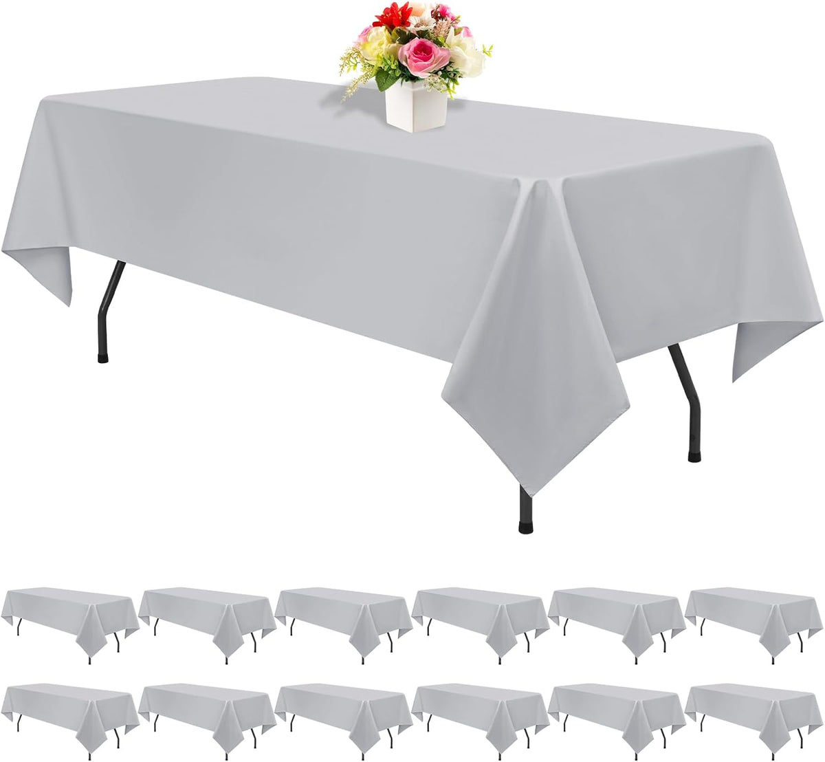 12 Pack Light Grey Tablecloths for Rectangle Tables 60 x 126 Inch Polyester Tablecloth 8 Foot