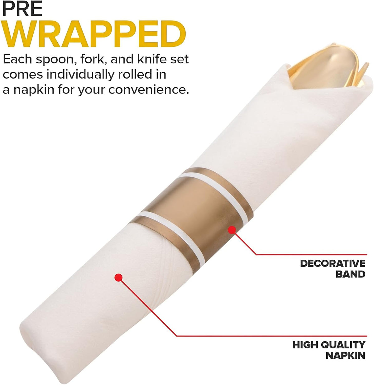400PCS Pre Rolled Gold Plastic Silverware Sets - Heavy Duty Fancy Gold Cutlery - Include 100 Pack