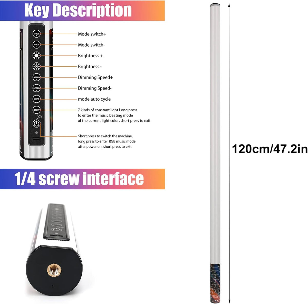 4 Pack 4ft Portable Battery Powered Tube Light 120cm Handheld LED RGB Lights Tube with Tripods, 500
