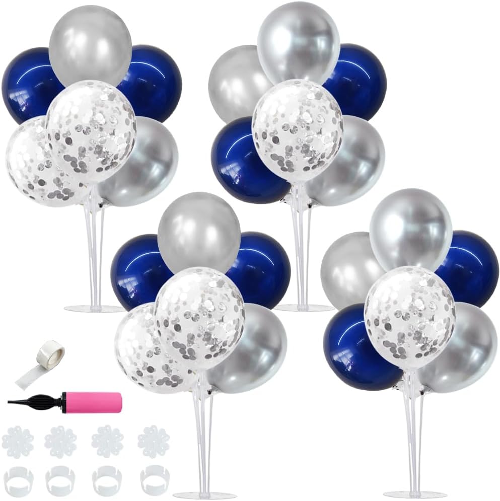 TONIFUL 4 Set Navy Blue Silver Balloon Centerpieces for Table,Balloon Stand Kit for Graduation