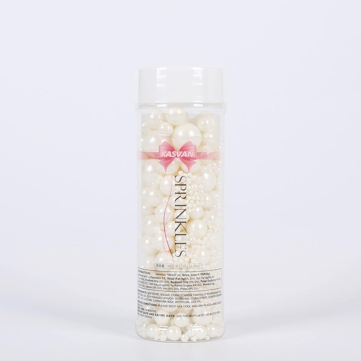 Kasvan White Pearl Sugar Sprinkles - Edible Candy Pearls 130g/4.58 Oz, Mix Size, Baking Cake