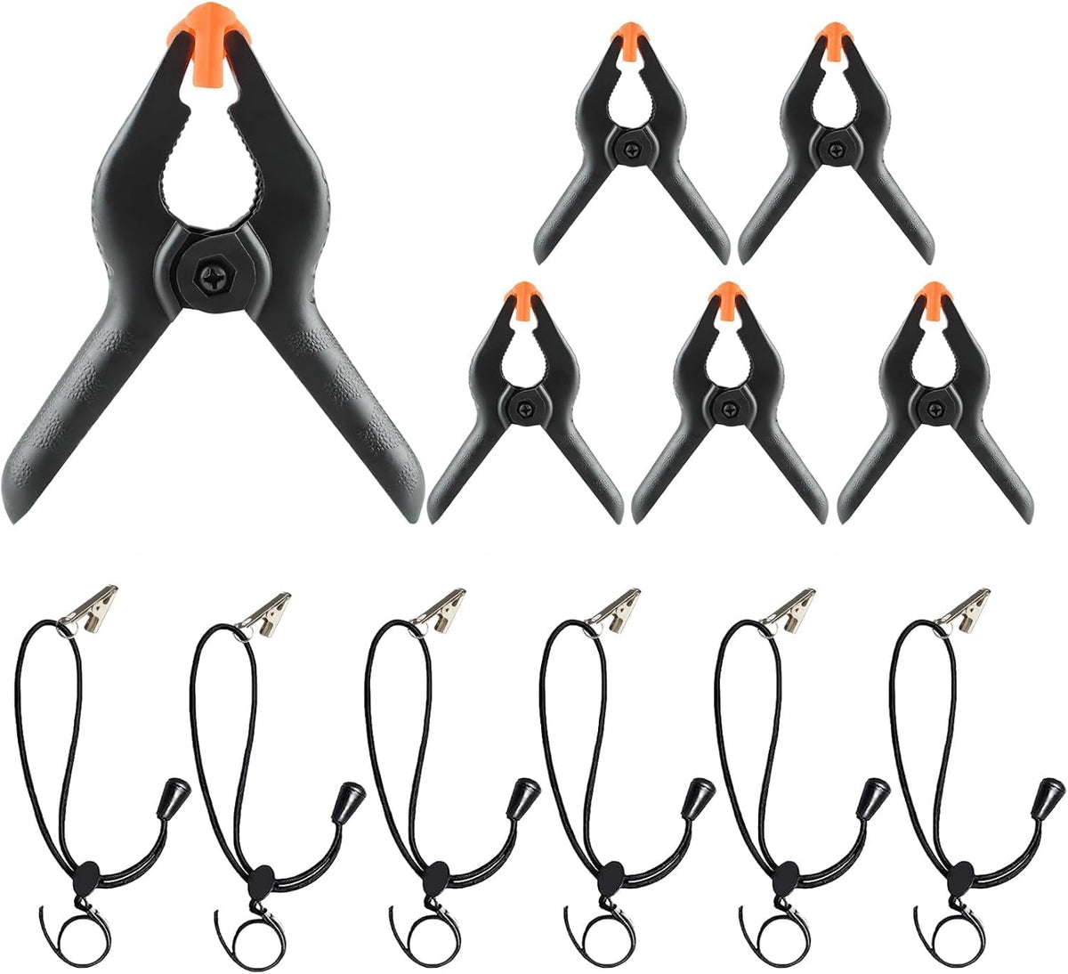 6 Pack 4.5 Inch Heavy Duty Spring Clamps + 6 Pack Backdrop Clips, Elastic Nylon Backdrop Clamps