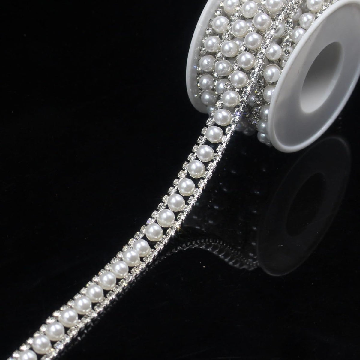 PEARLY JUN 1 Yard Pearl Rhinestone Trim Chain Silver Crystal Fringe Diamond Applique Ribbon String