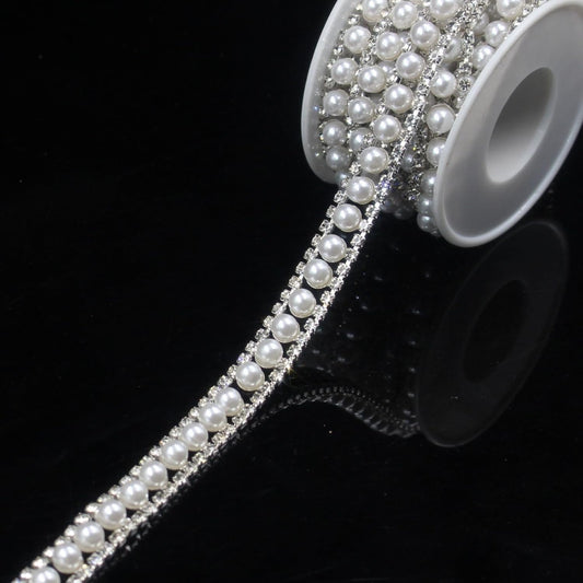 PEARLY JUN 1 Yard Pearl Rhinestone Trim Chain Silver Crystal Fringe Diamond Applique Ribbon String