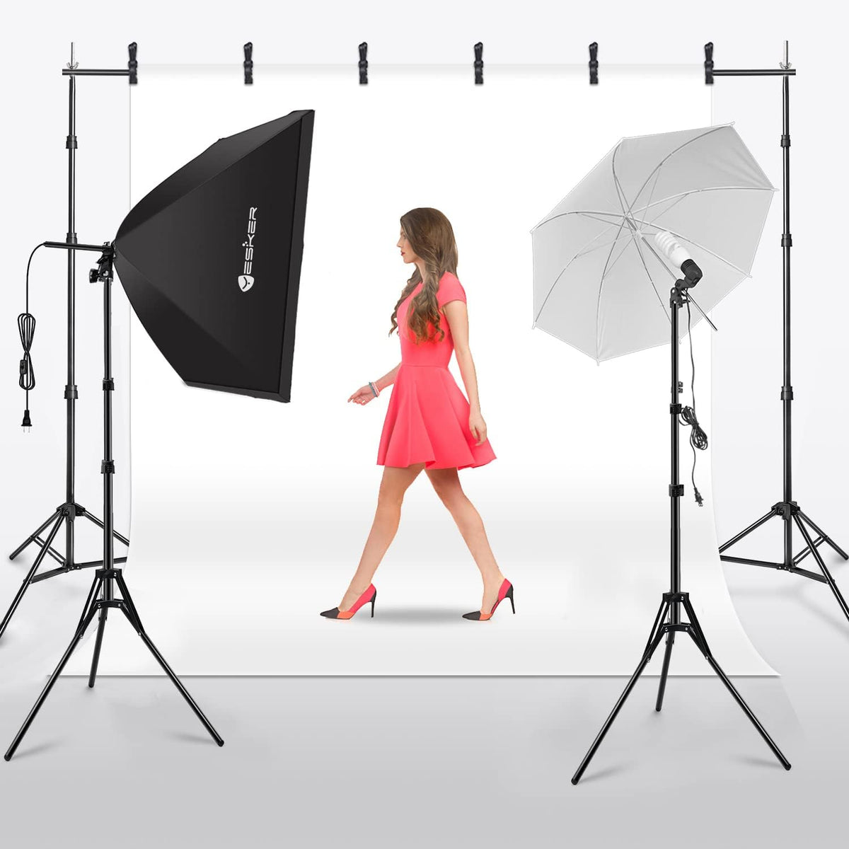 Yesker Photography Lighting Kit 8.5 x 10 ft Background Support System Umbrellas Softbox Continuous