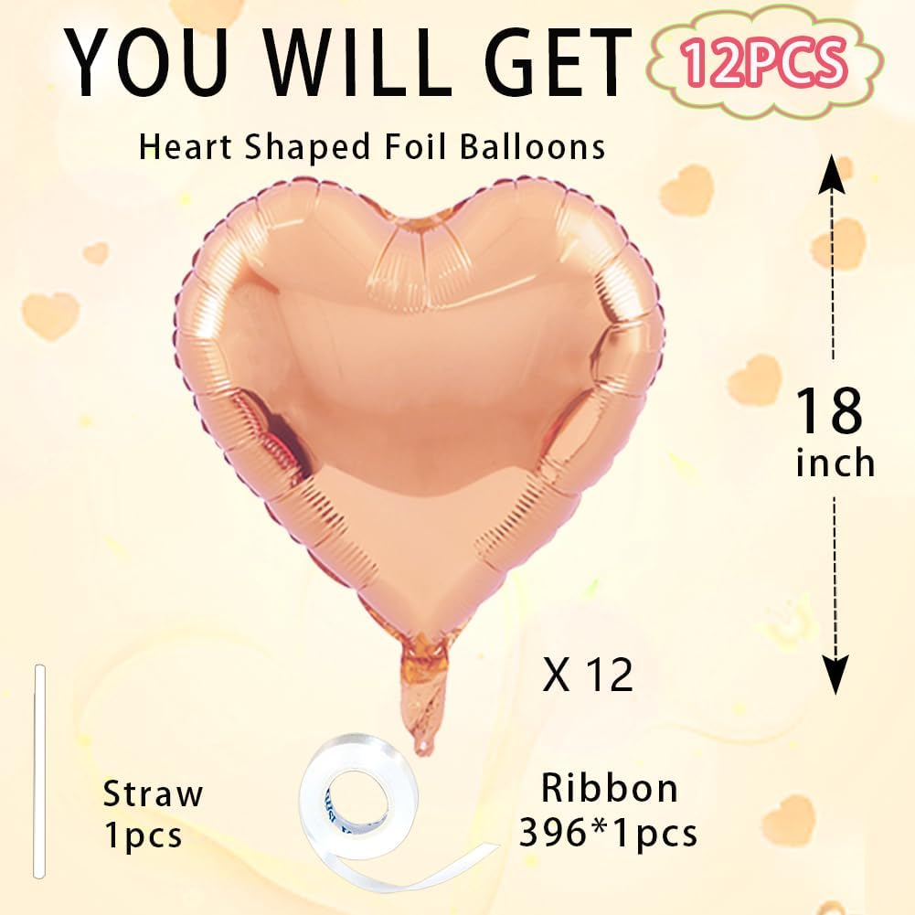 Rose Gold Heart Balloons，18 Inch Foil Mylar Love Heart Shaped Balloons for Anniversary Wedding