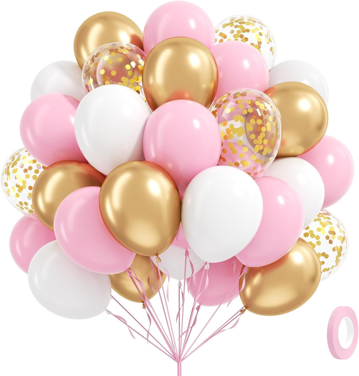 60pcs Pink and Gold Balloons 12inch, Pink and White Balloon with Metallic Gold Confetti Balloons