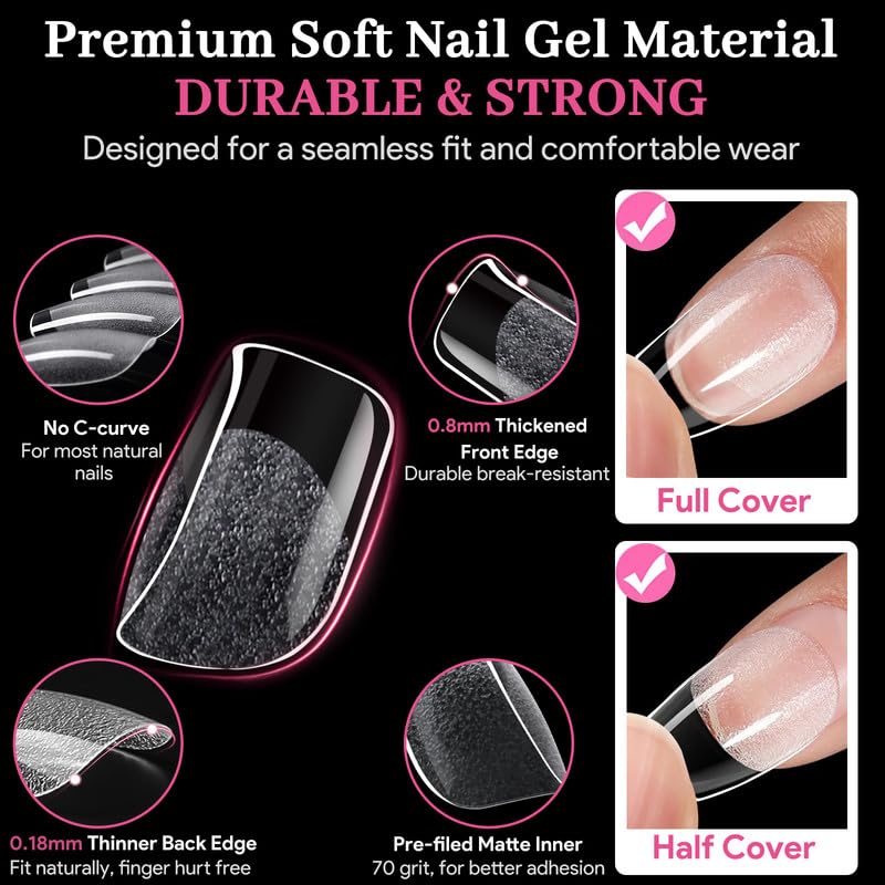 Extra Short Square Fake Nail Tips, 15 Sizes 240 PCS Clear French Half Matte Press On False Nail