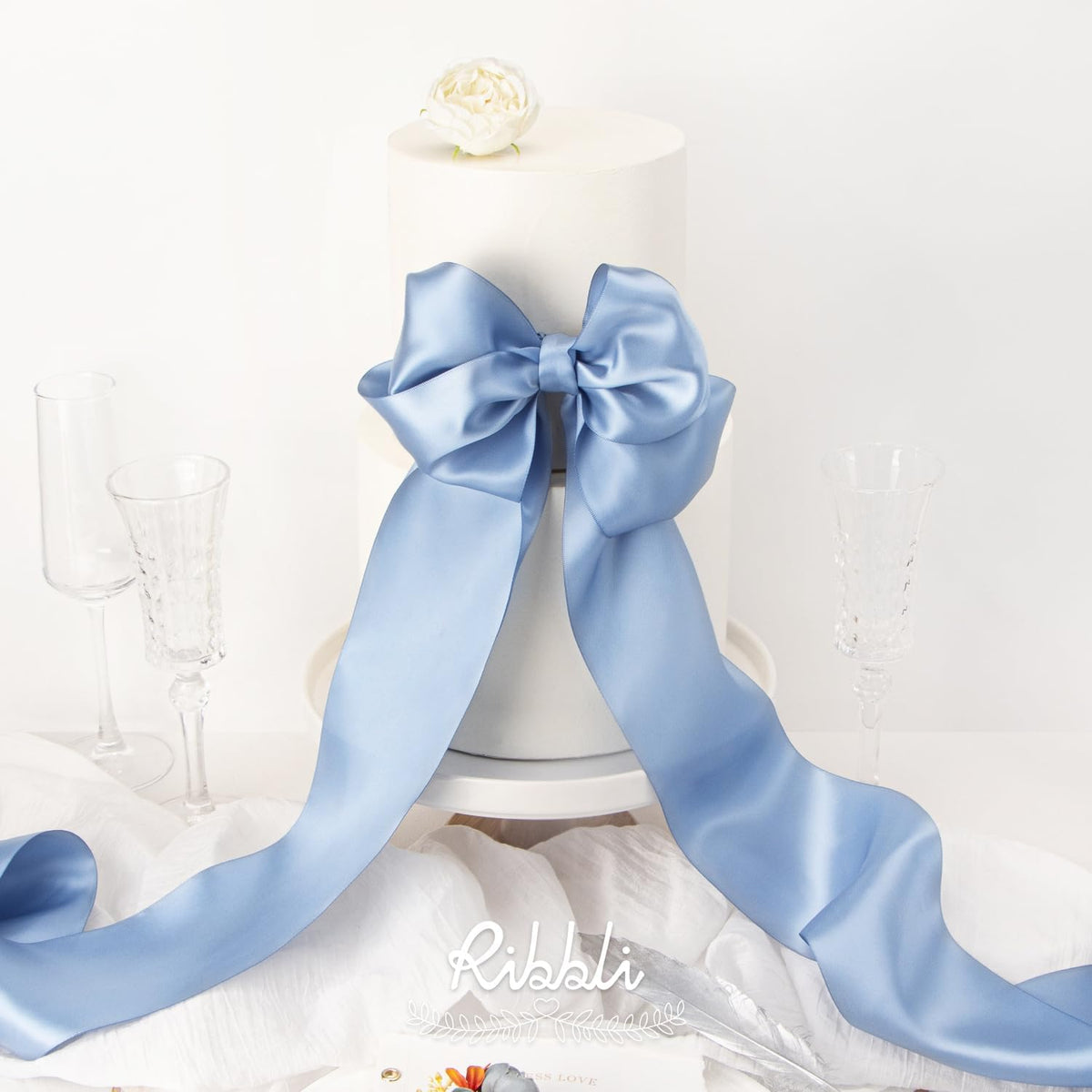 Ribbli Dusty Blue Satin Ribbon 4 Inch Wide Dusty Blue Ribbon for Wedding Chair Sash Grand Opening