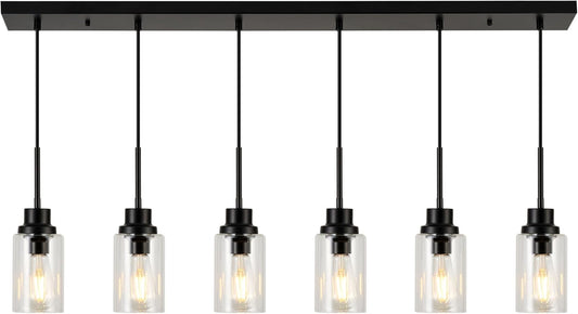 6 Lights Island Lights for Kitchen Modern Industrial Black Linear Chandeliers with Clear Glass
