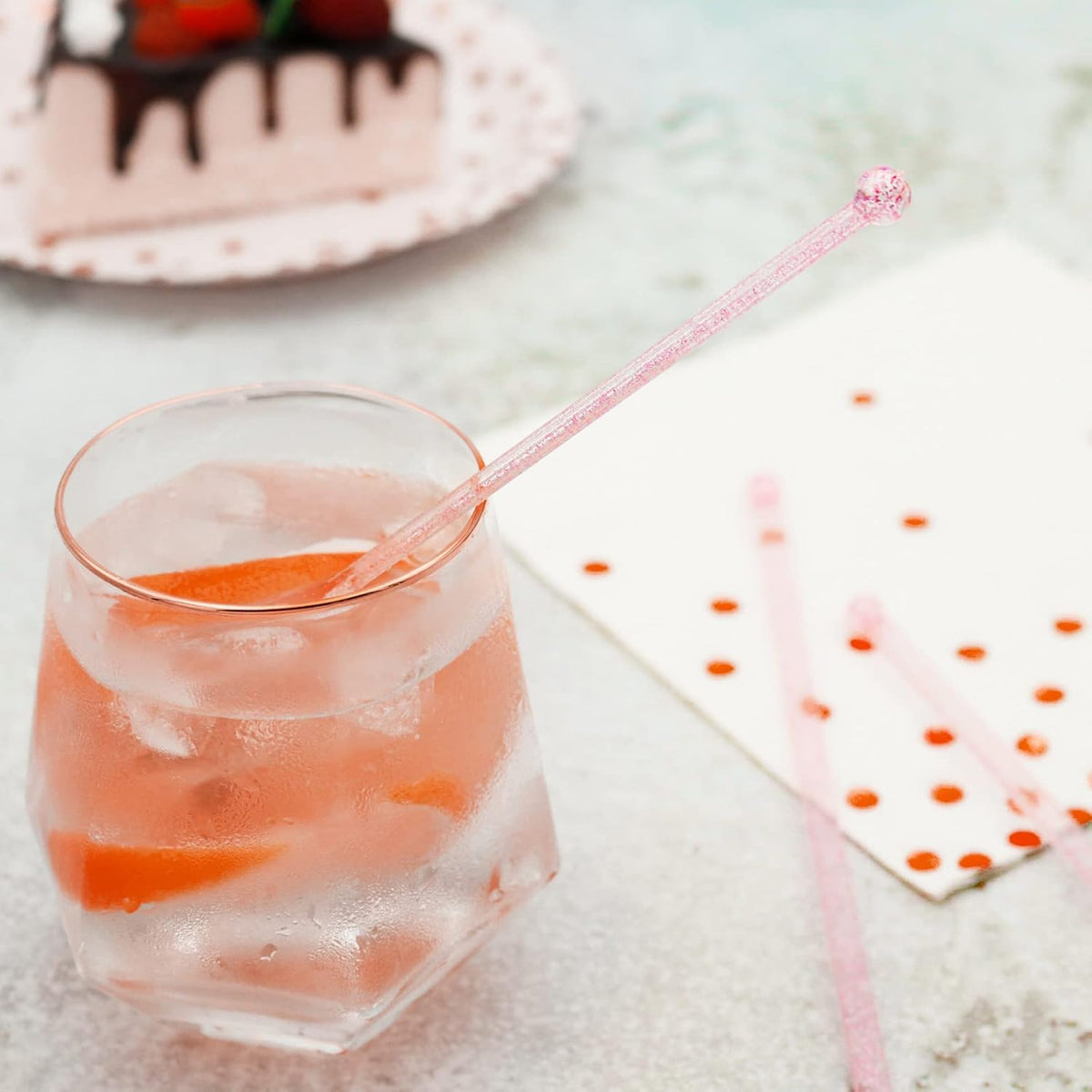 100-PCS Pink Glitter Plastic Swizzle Sticks, Crystal Cake Pops, Cocktail Coffee Drink Stirrers