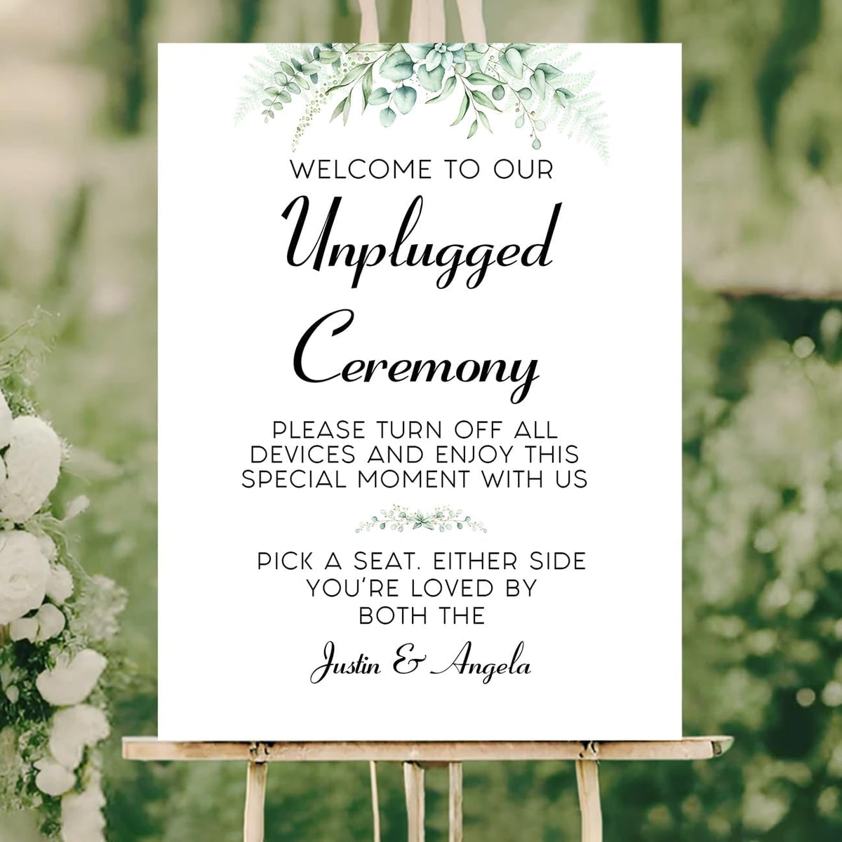 Personalized Unplugged Ceremony Sign – Elegant Wedding Yard Sign with Greenery – Turn Off Devices &