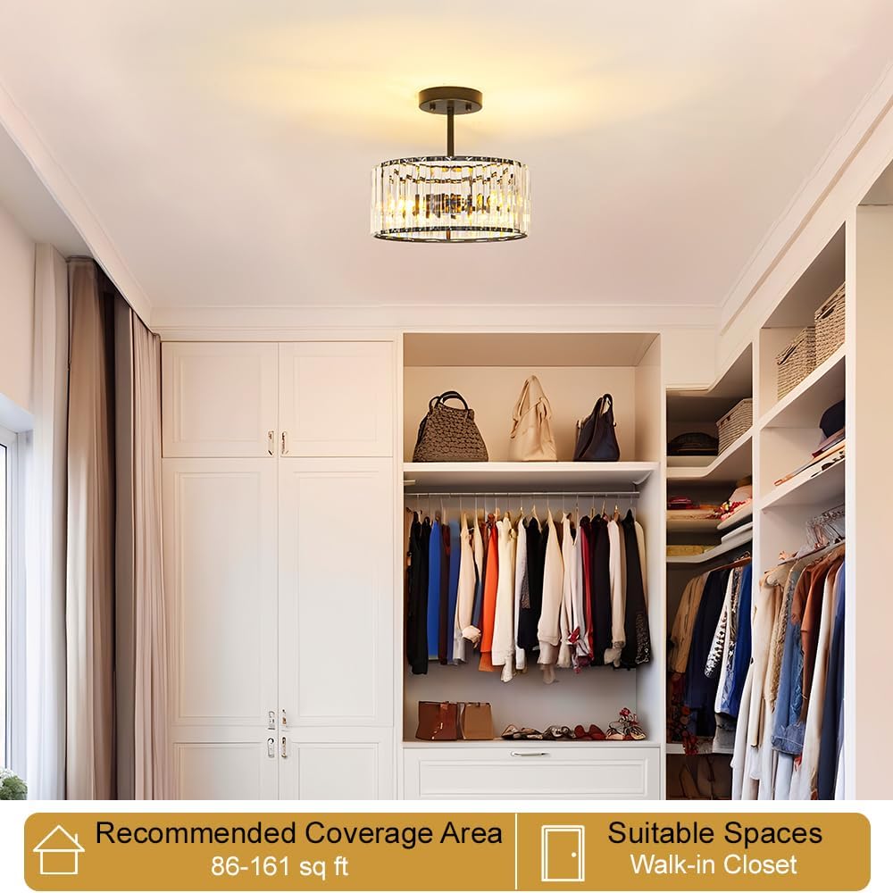 Modern Crystal Ceiling Light, Matte Black Semi Flush Mount Ceiling Lighting Fixture, Hallway Light