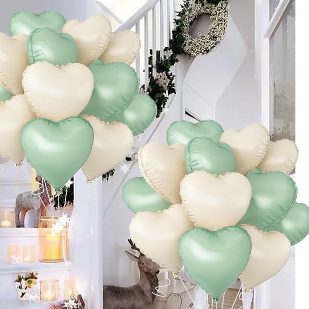 Baby White Heart Balloons，18 Inch Light Green Helium Foil Love Heart Shaped Balloons for