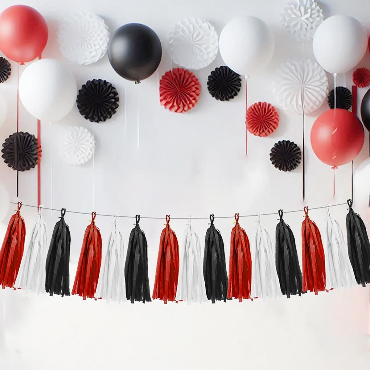 White Red Black Party Decorations - 15Pcs Tissue Paper Tassel Garland Birthday Wedding Graduation