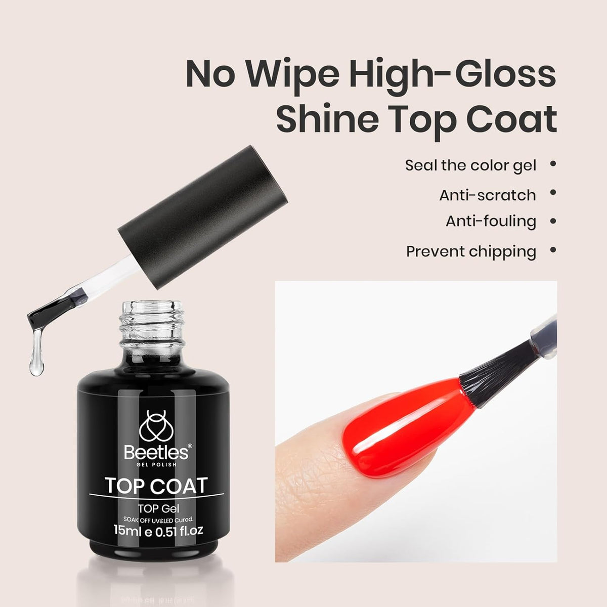 beetles Gel Polish Base Gel Top Coat Set, 2Pcs 15ML Clear Base and No Wipe Top Coat Soak Off UV LED