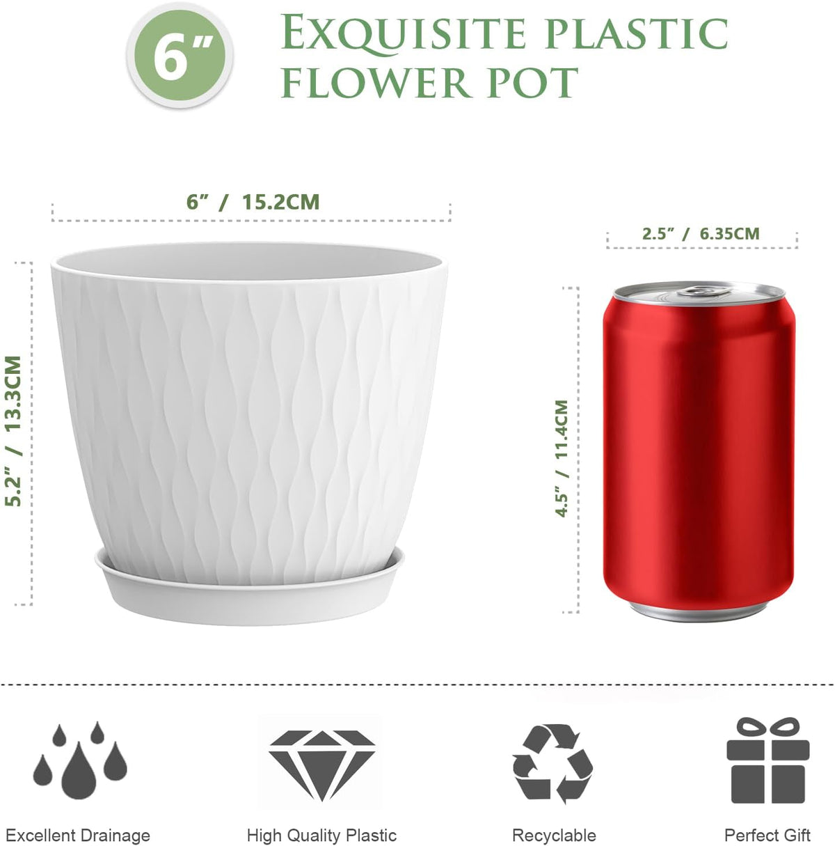6 inch Flower Pots, 5 Pack Plant Pots with Drainage Holes and Saucers for Indoor Plants, Plastic