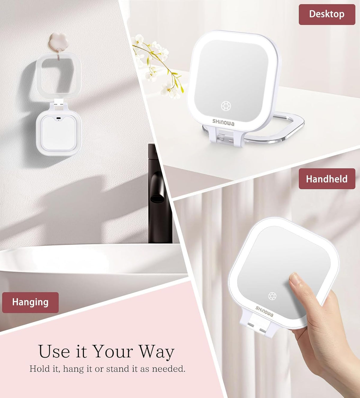 Shinowa Rechargeable Travel Makeup Mirror with 44 LED Lights, 1X/10X Magnifying Vanity Mirror with