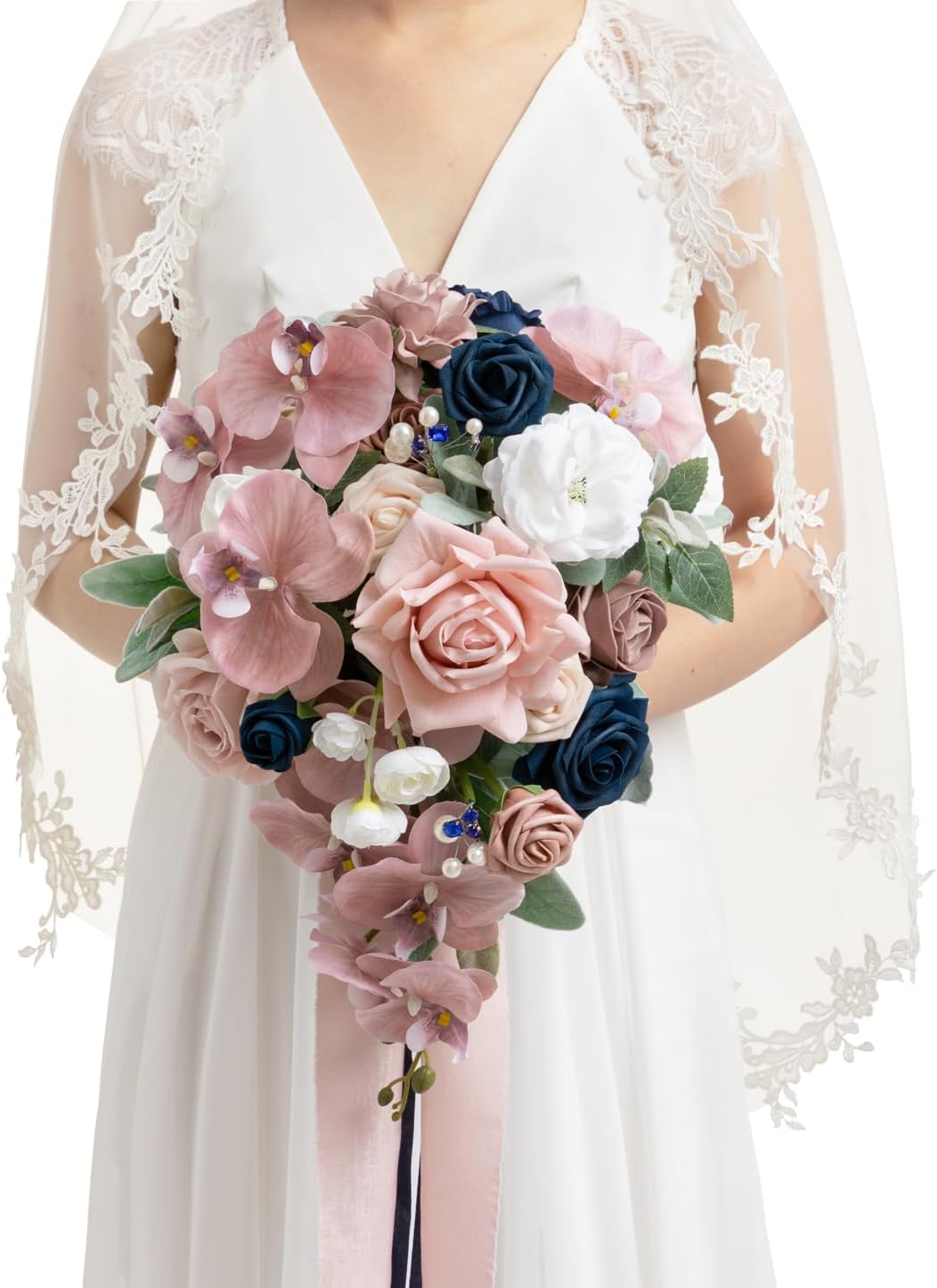 Ling's moment Pink Blue Bridal Bouquet Cascading, Dusty Rose Navy Wedding Bouquets for Bride, 13