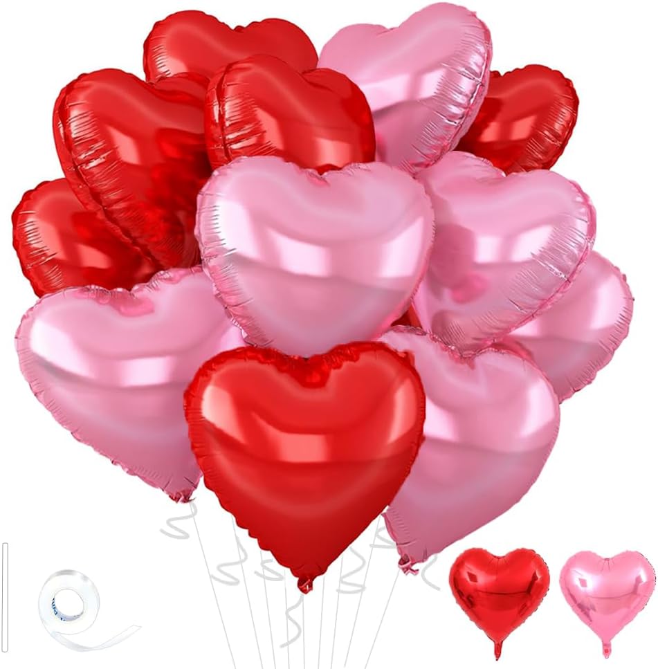18inch Pink Heart Balloons,6Pcs Bright Pink Heart Shaped Foil Balloons & 6Pcs Red Helium Mylar