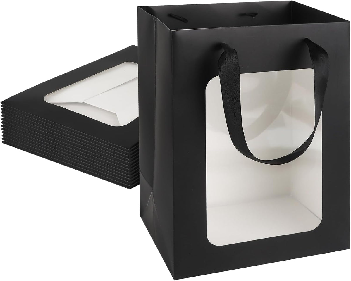 MOXARYSU 12 Pcs Black Gift Bags with Clear Window: 9.8x5.1x7.1 Inch Medium Kraft Paper Bags with