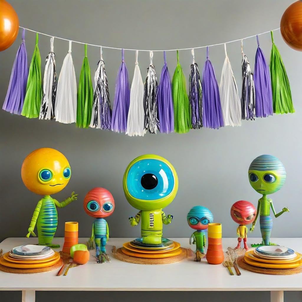 Tissue Paper Tassel Garland Banner, Purple Green Silver White, 20 PCS, Party Decorations for