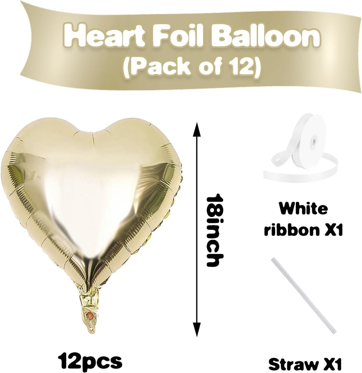 Champagne Gold Heart Balloons,12Pcs 18 Inch Light Gold Foil Love Heart Shaped Balloons for Pastel