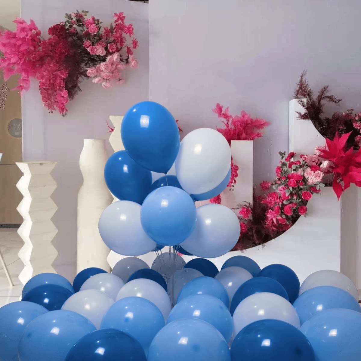 300 Pack Blue and White Balloons 100 of each of the 3 colors 12 inch White Blue Light Blue Latex
