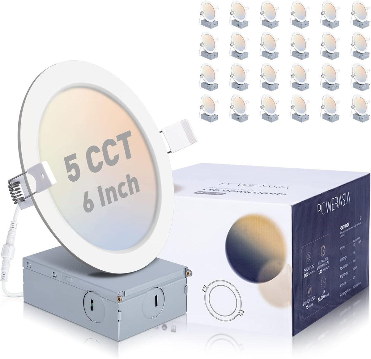 24 Pack Recessed Lighting 6 Inch with Junction Box, 5CCT 6 Inch LED Recessed Lights Dimmable
