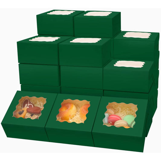 Bakepacker 60pcs Deep Green Bakery Boxes with Window 6x6x3 inches Thick & Sturdy Macaroon Pastry