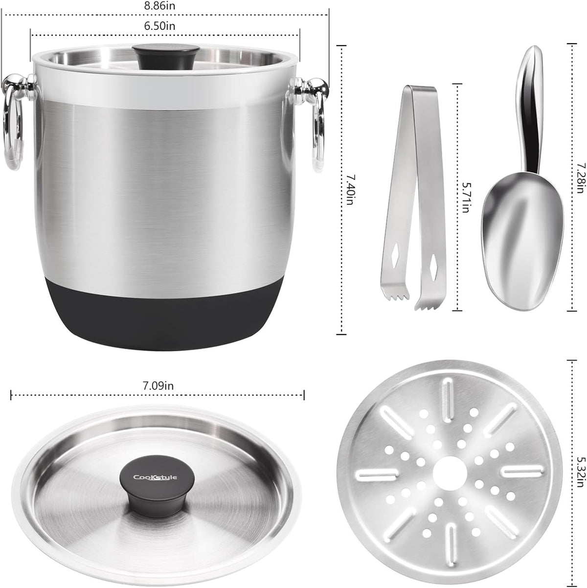 Double-Wall Stainless Steel Insulated Ice Bucket With Lid & Ice Tong [3 Liter] Included Strainer