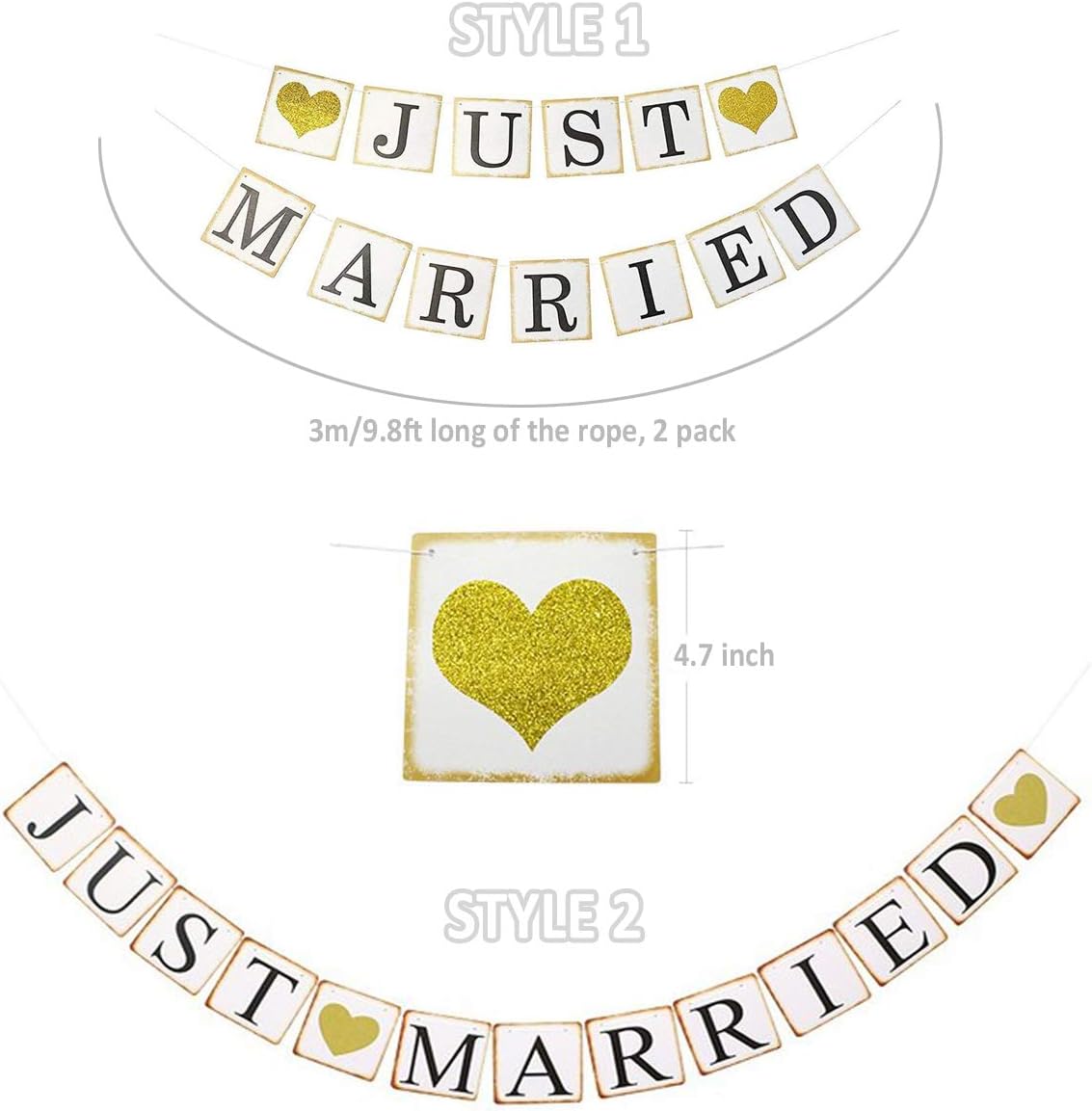 GuassLee JUST Married Banner Car Decorations, Gold Glitter Just Married Sign Garland for Bridal