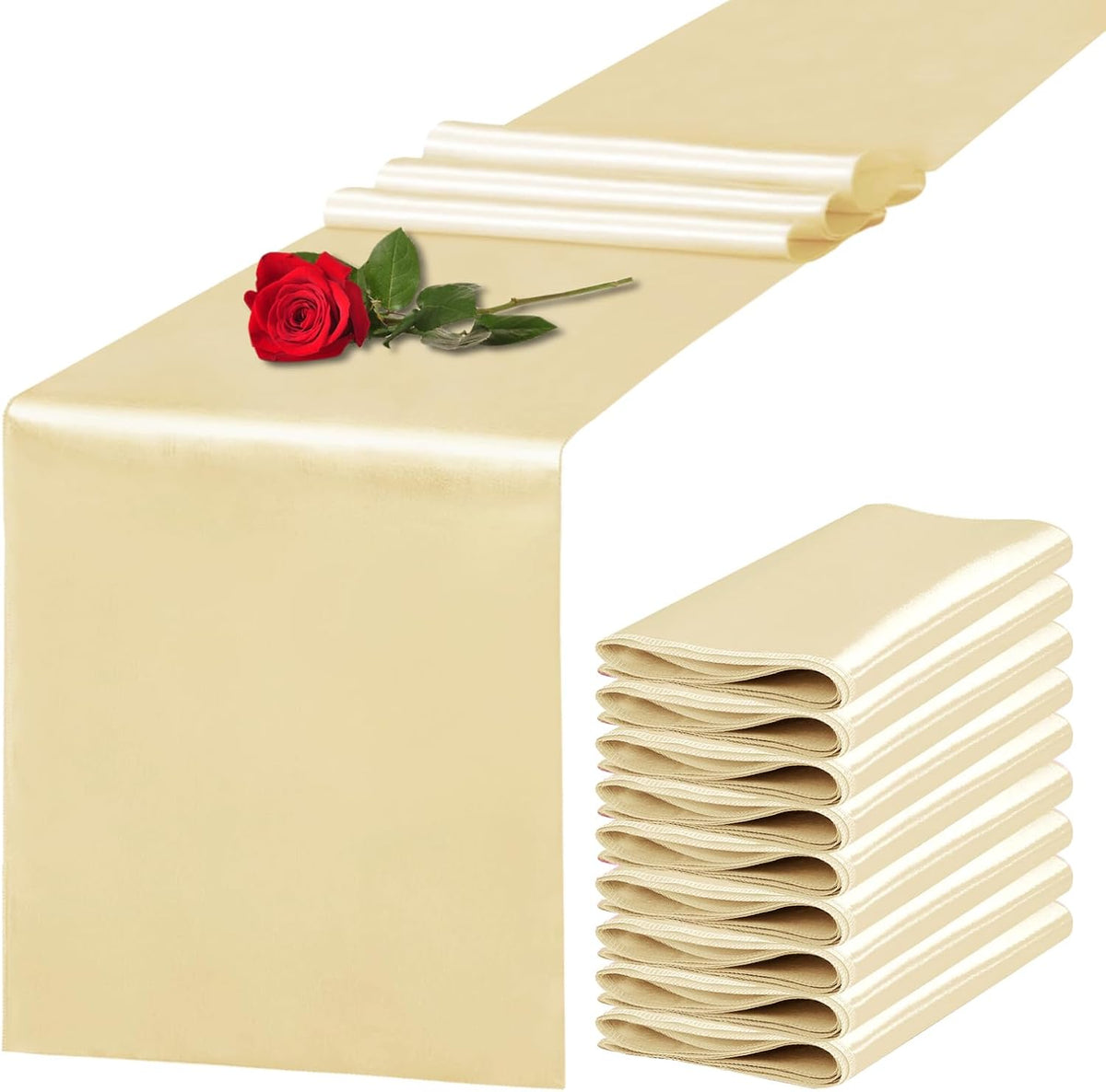 10 Pack Satin Table Runner 12 x 108 Inch Long Champagne Silk Table Runner for Wedding Party Banquet