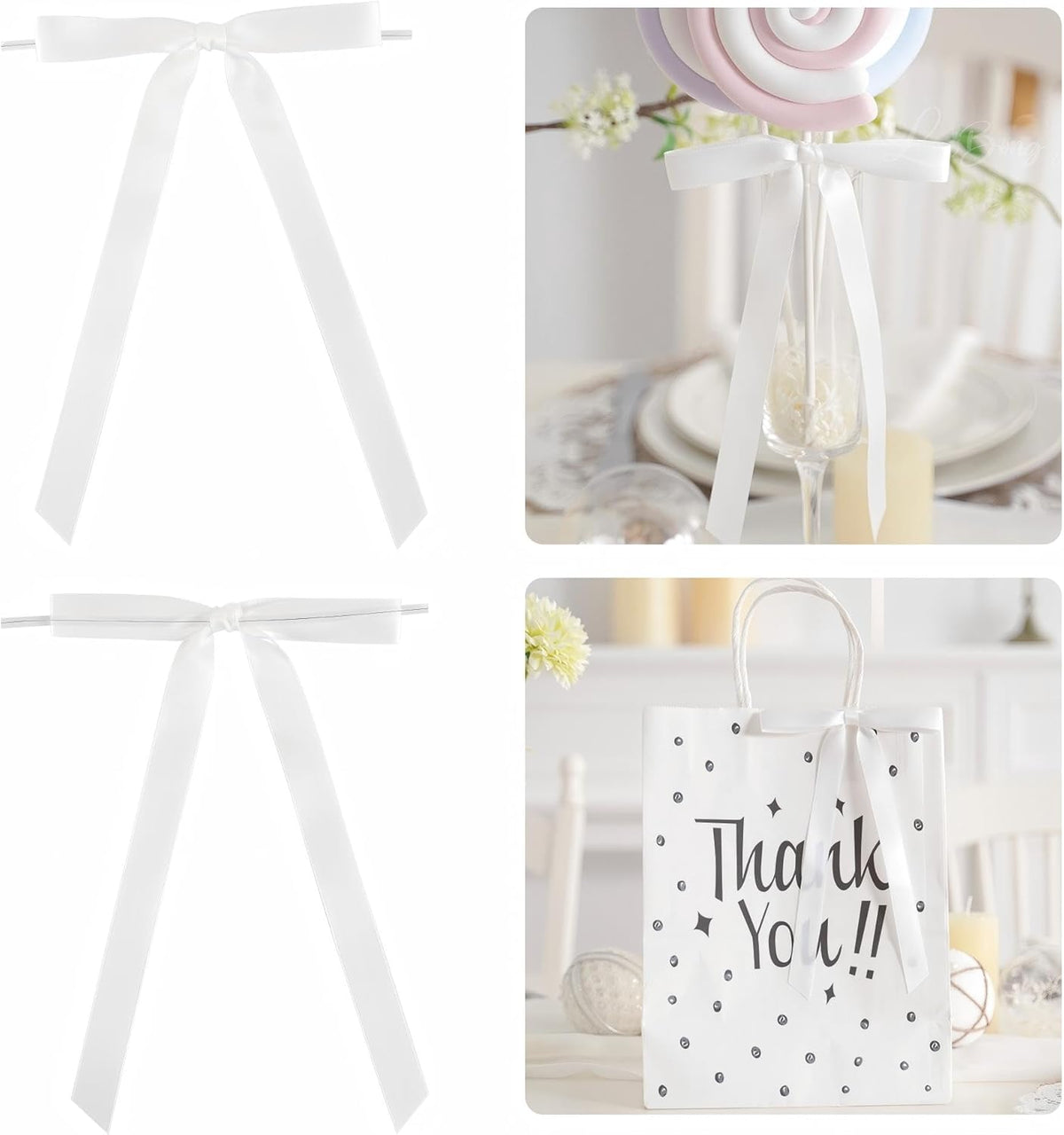 50 PCs White Bow 5 Inch Long Tail Bows for Gift Wrapping, Easter Bow Party Decorations, Twist Tie
