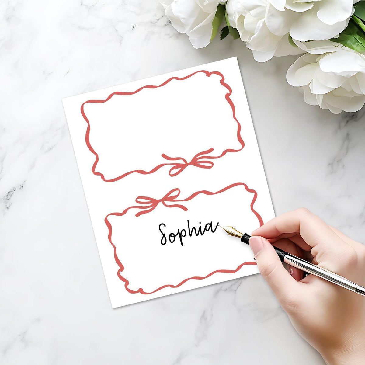 25 Pack Red Bow Wave Place Cards, Editable Name Cards for Table Setting, Tent Cards Food Label for