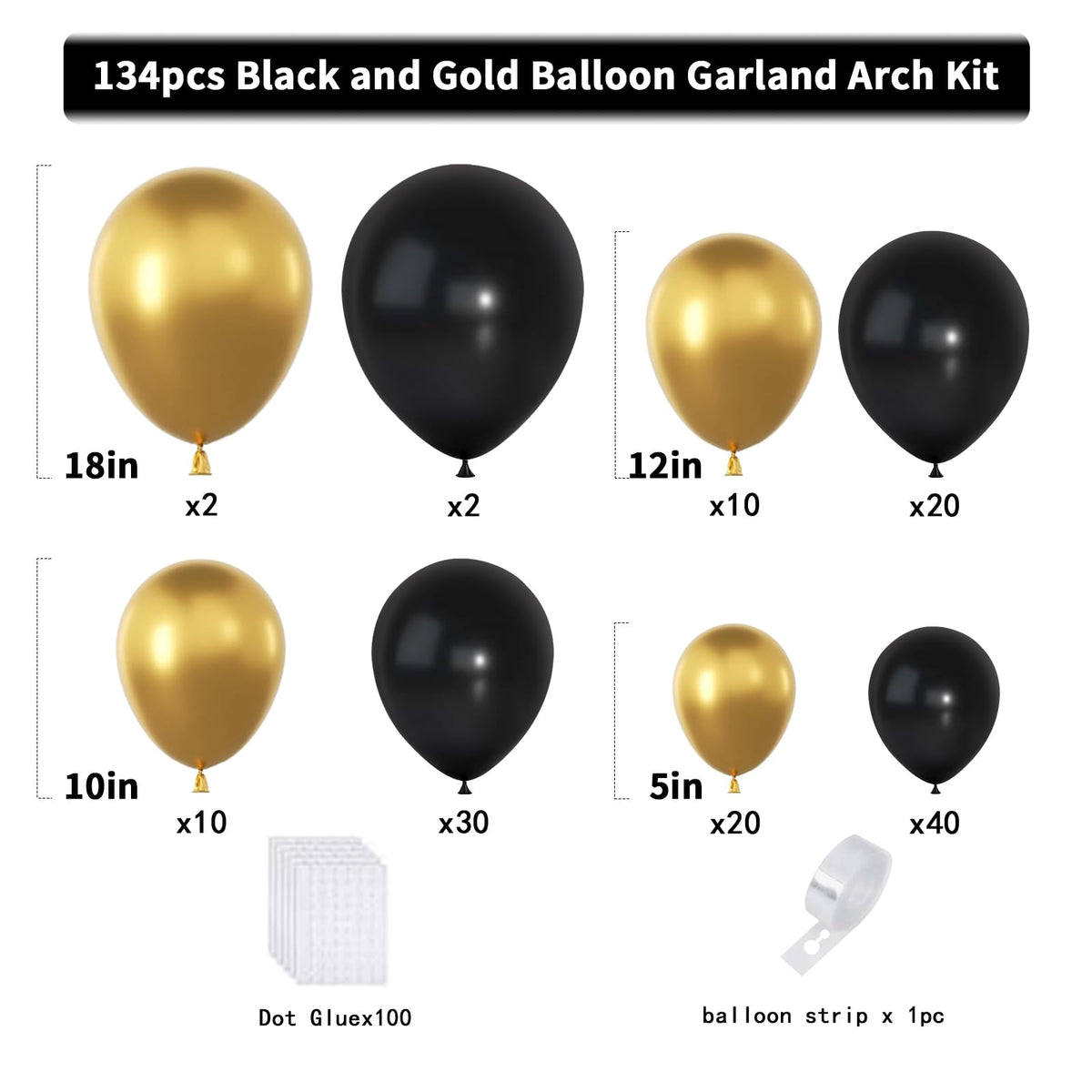 Black and Gold Balloons Garland Arch Kit, 134pcs Black and Metallic Gold Balloons with Different