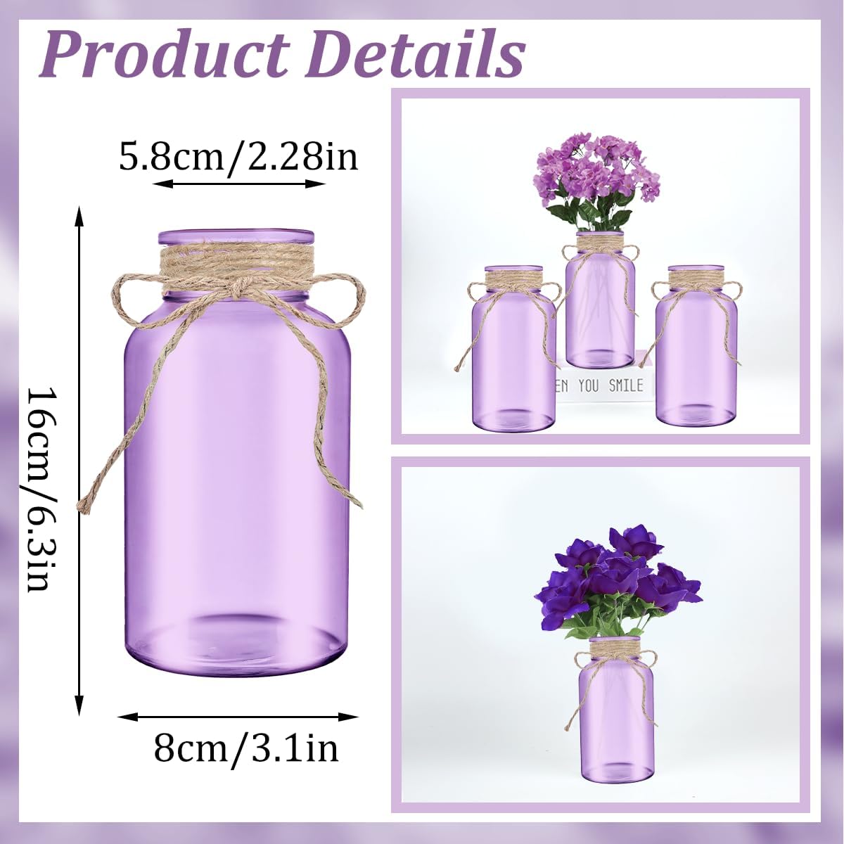 Vintage Glass Flower Vase，12 Pack Farmhouse Purple Glass Centerpiece Vases Mason Jars for Weddings