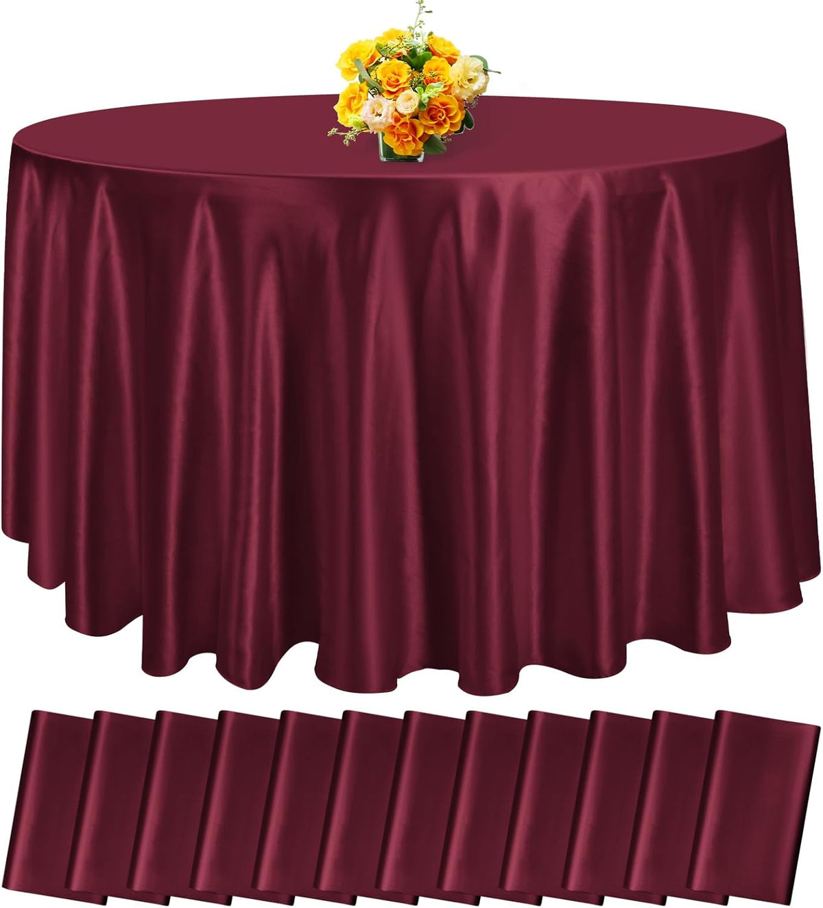 fani 12 Pack 120 Inch Burgundy Satin Tablecloth - Premium Bright Silky Round Tablecloth Overlay